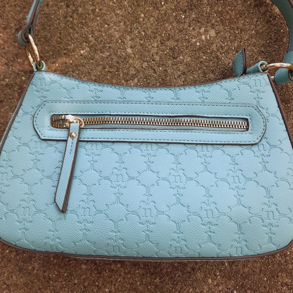 NWOT Nanette Lepore Barri Baguette Baby Blue Embossed Logo Faux Leather Mini Bag - Picture 13 of 14